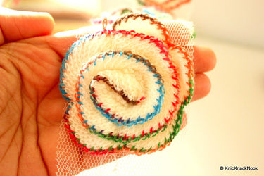 White Crochet Wool Rose With Multicoloured Threads Flower Appliqué x 2